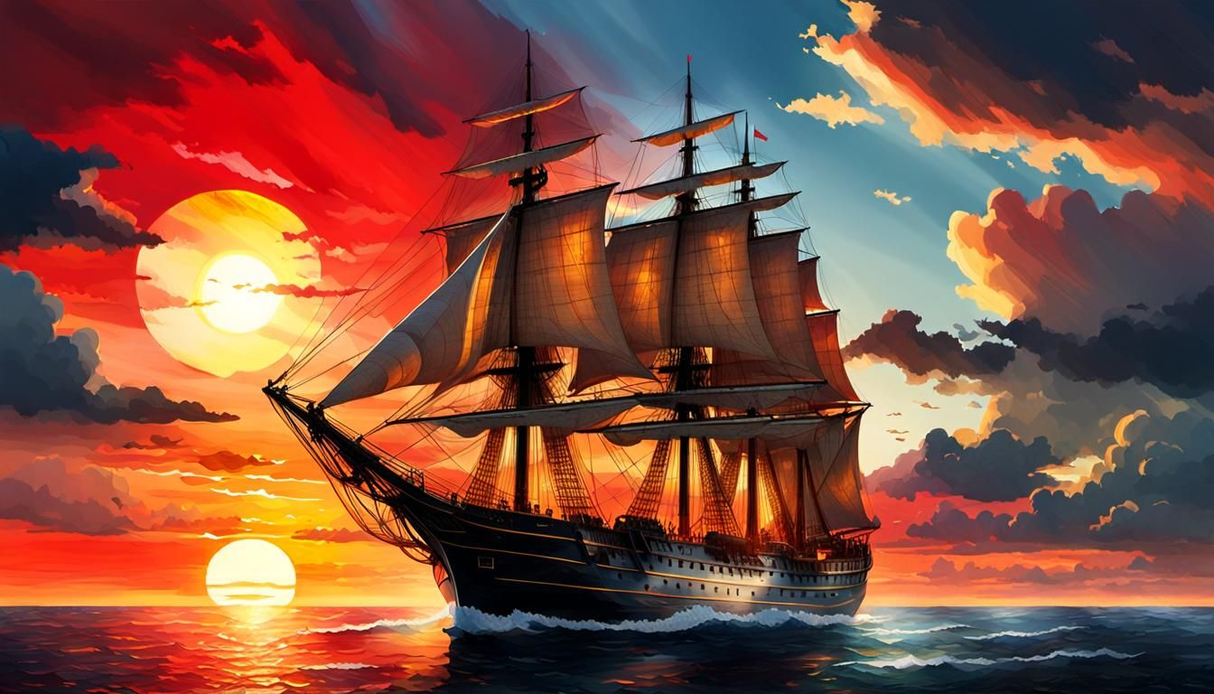 Sailing Ship at Sunset: Watercolor Painting