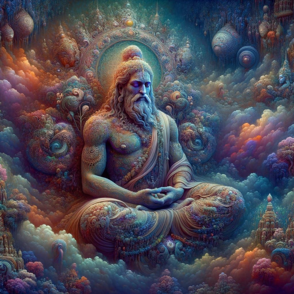 Serene Buddha Meditating in Vibrant Fantasy Ambiance