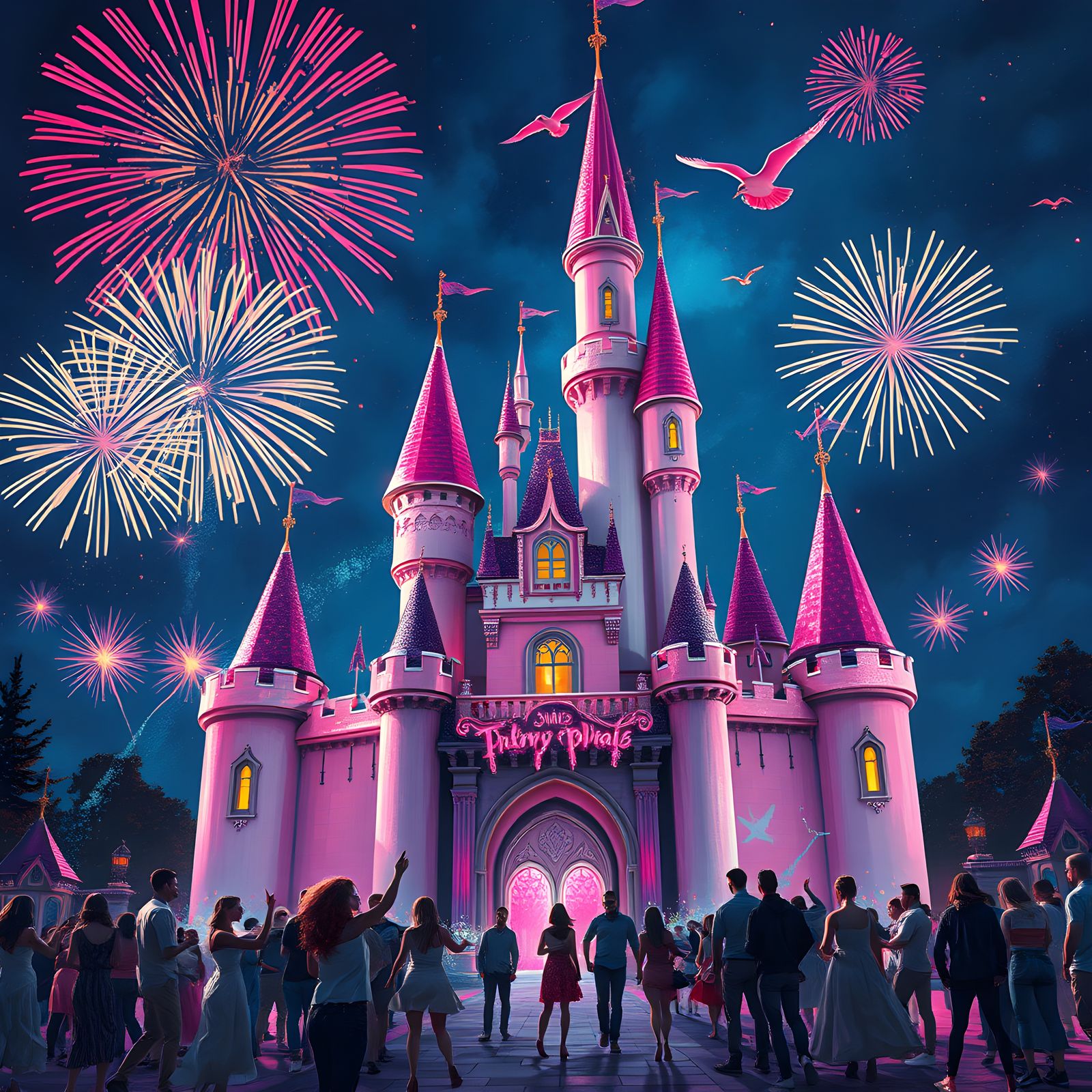 Pink Fairy Castle Fireworks in Graffiti Art Style