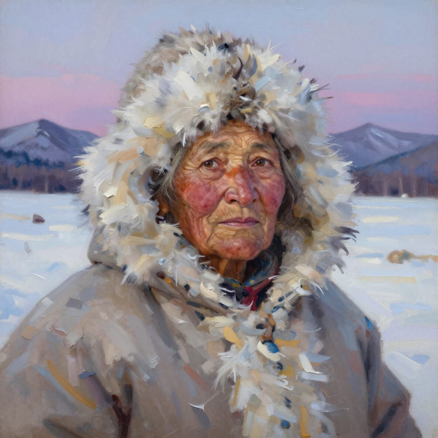 Elderly Inuit Woman Portrait in Textured Oil Painting Style
