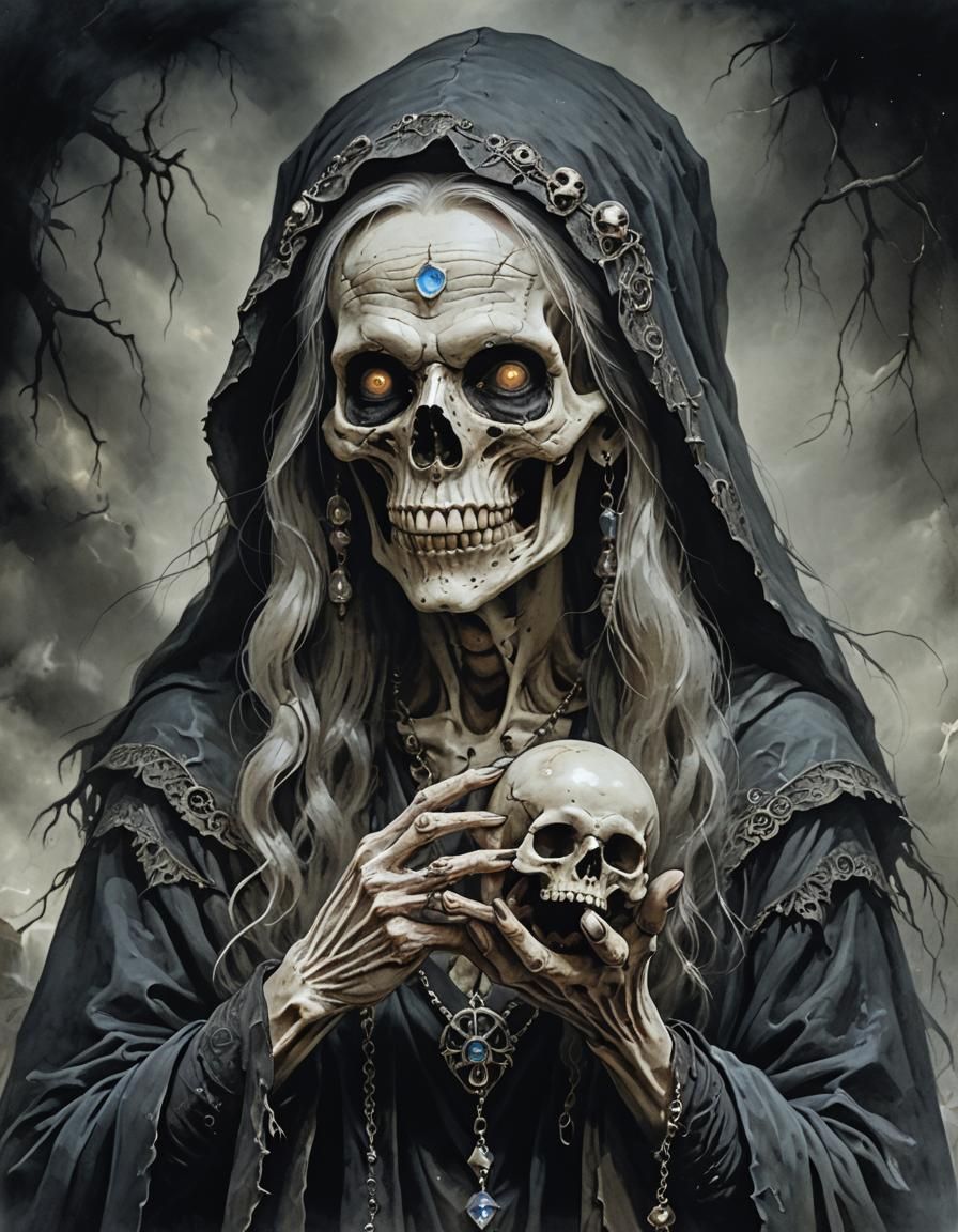 Evil Hag Conversing with Moonstone Skull