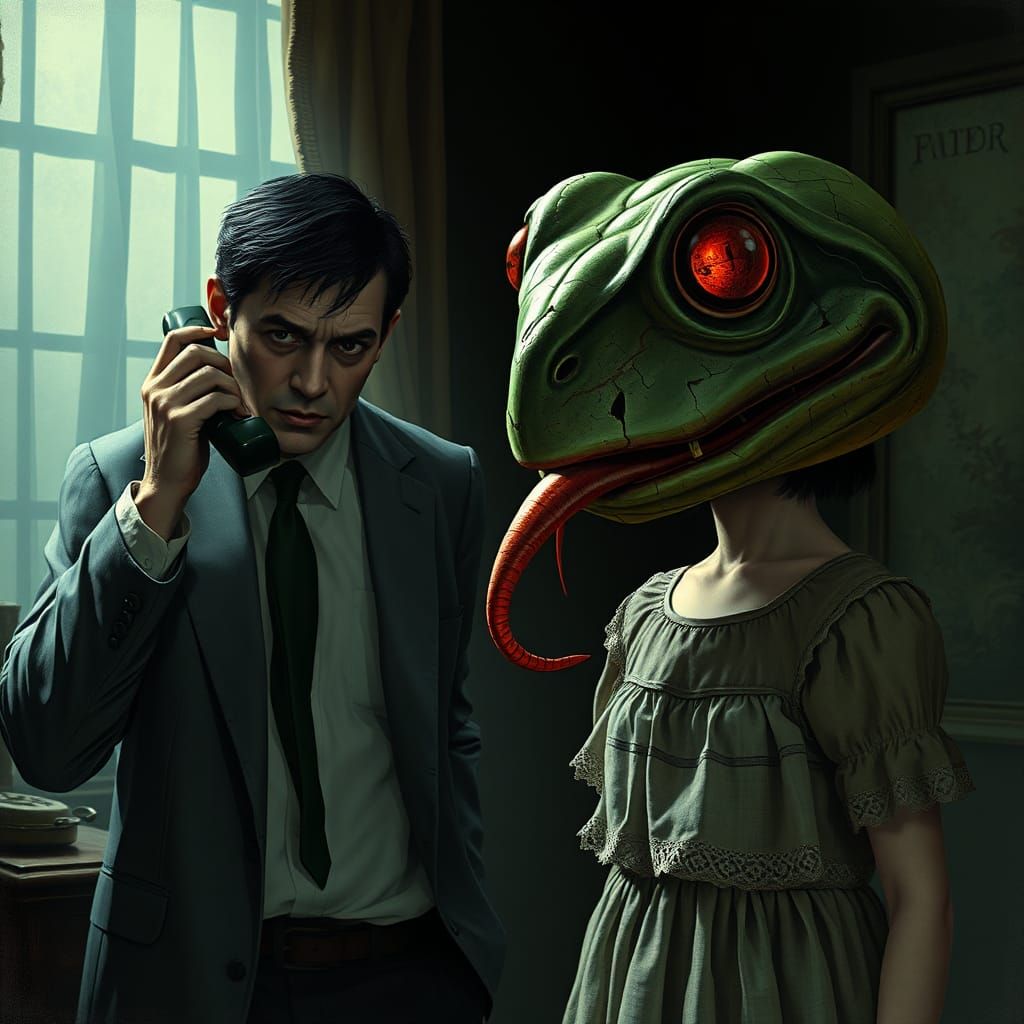 Retro Horror Scene with Frog Mask