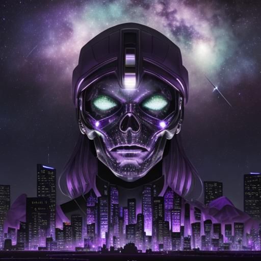 Chromatic Chrome Cityscape Under Galactic Skies