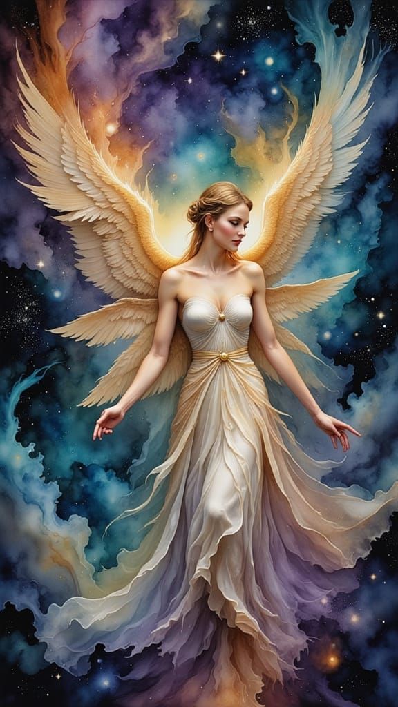Majestic Angel Descends from Nebula in Cosmic Art Style