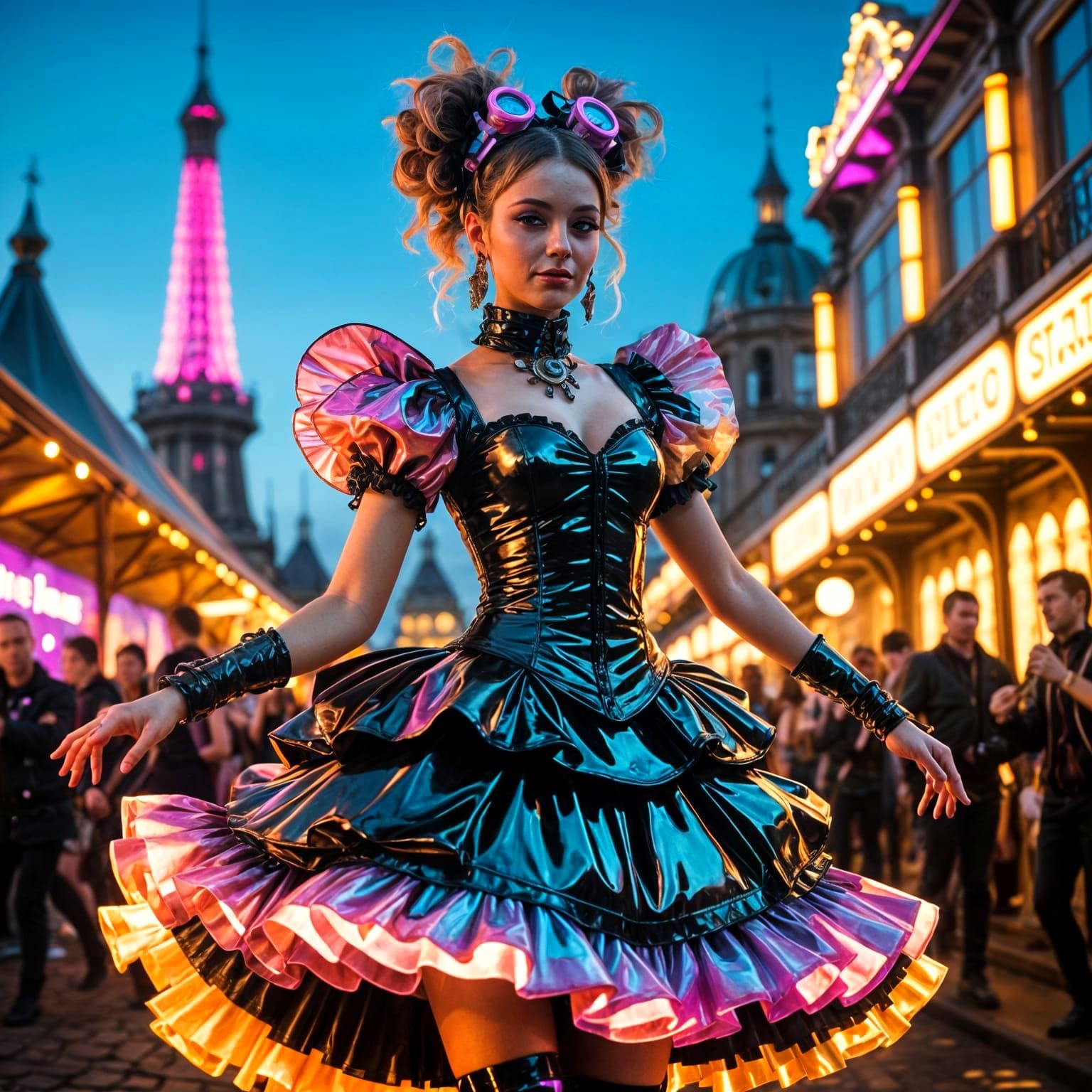 Raver Girl in Rococo Dress, Neon Steampunk Paris