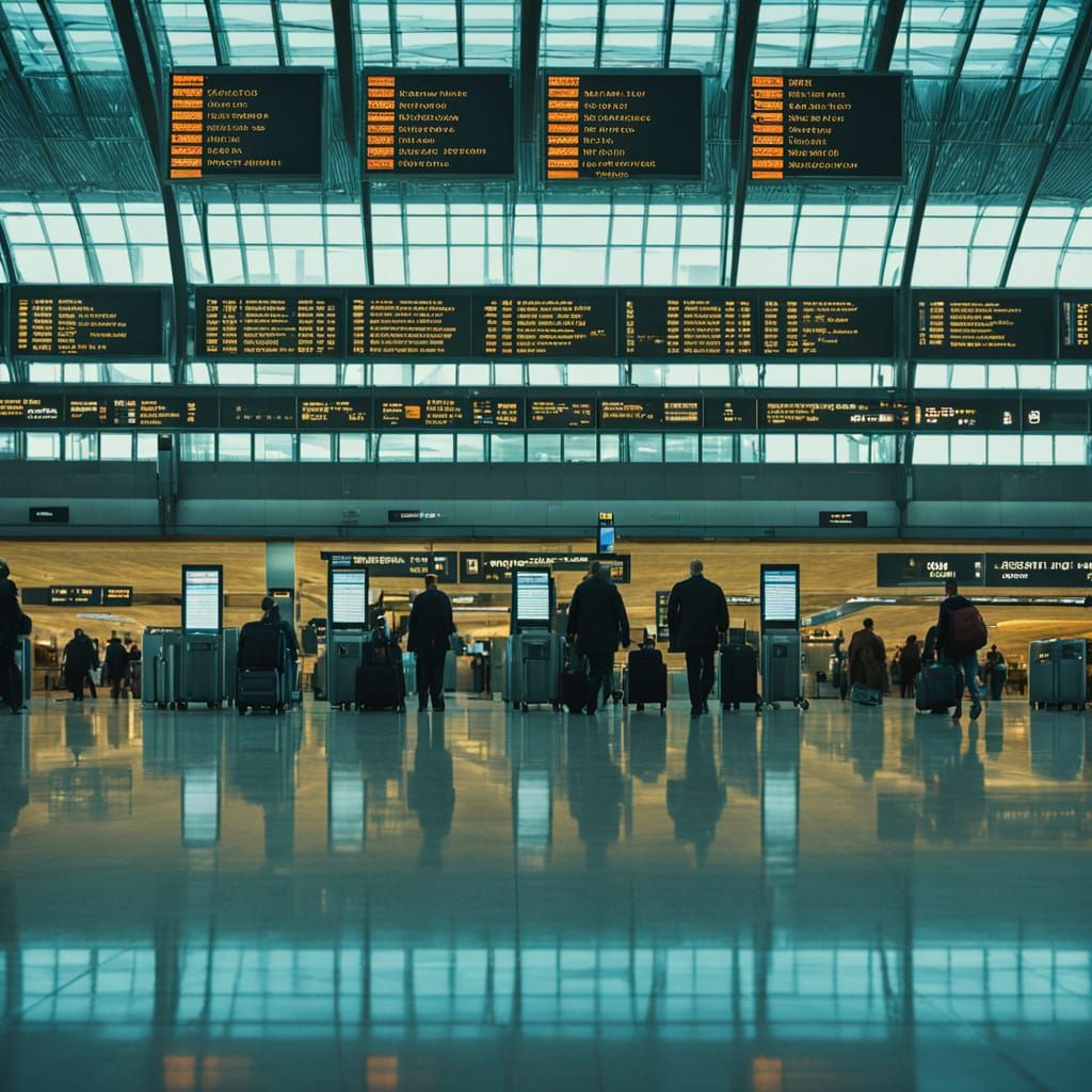 Hyper-Realistic Budapest Airport Interior in Neon Hues