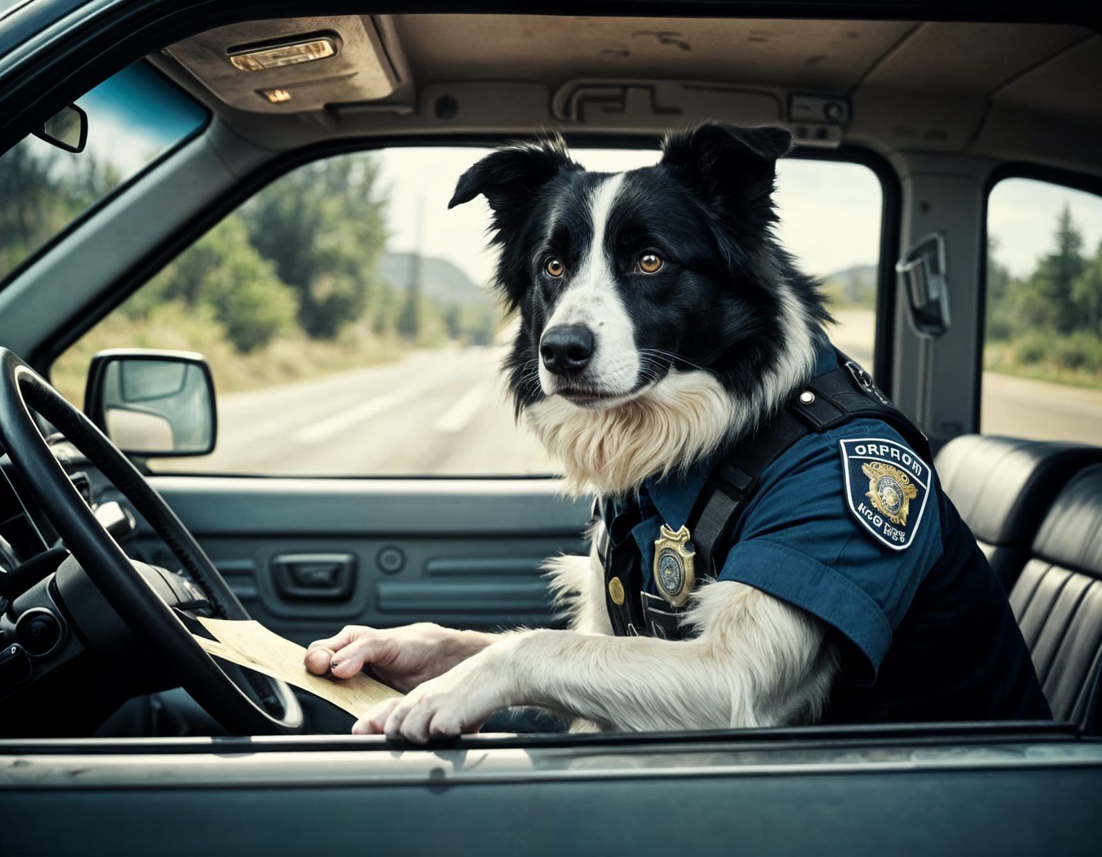 Epic Border Collie Cop Issues Ticket in Cinematic Film Still