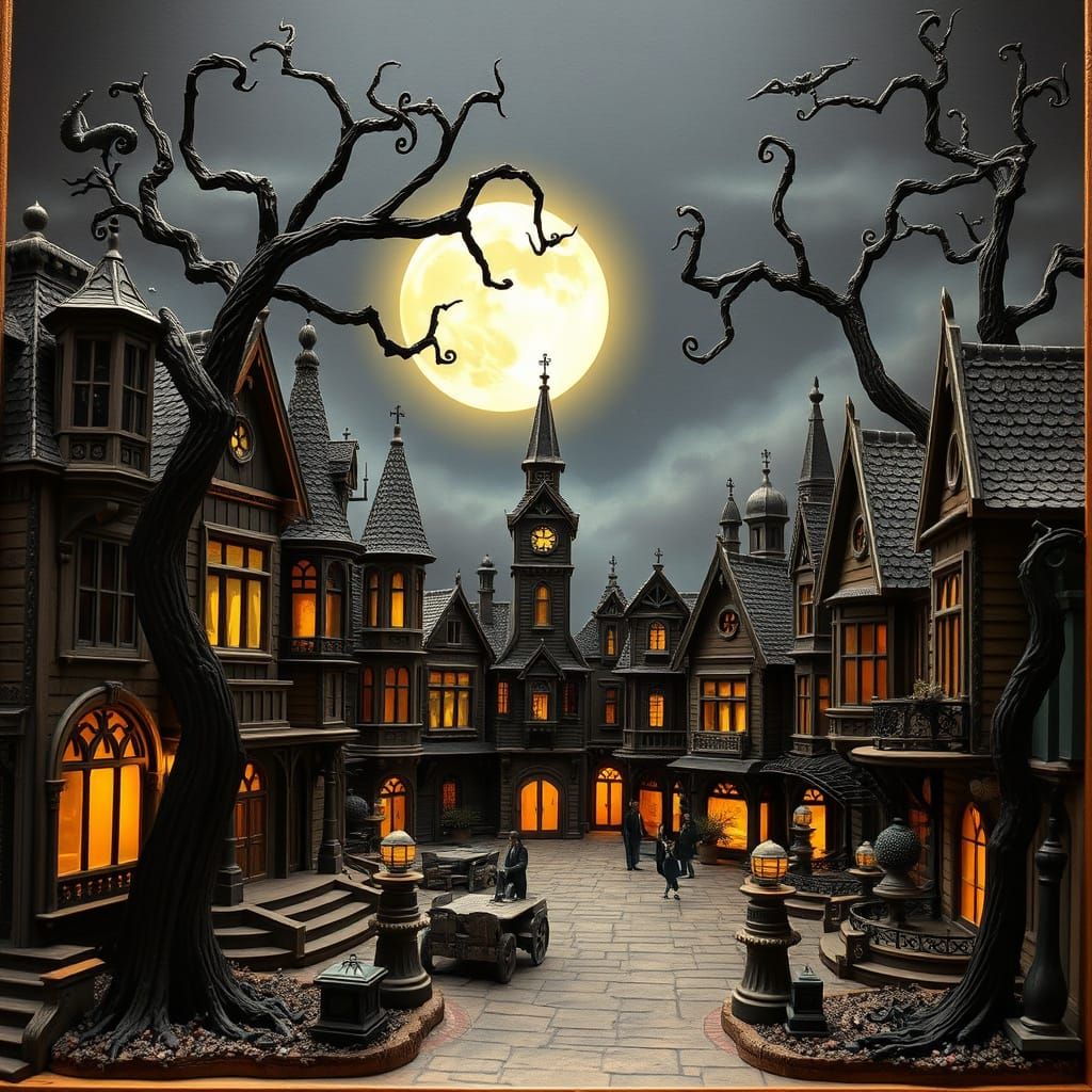 Victorian Gothic Halloween Town Square at Night