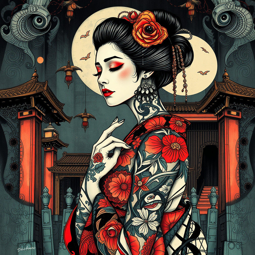 Tattooed Geisha in Surrealist Heavy Metal Style