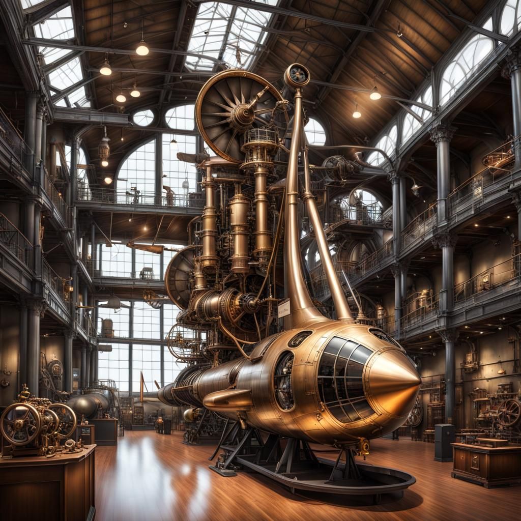 Steampunk Aircraft Museum Interior: Photorealistic Engine
