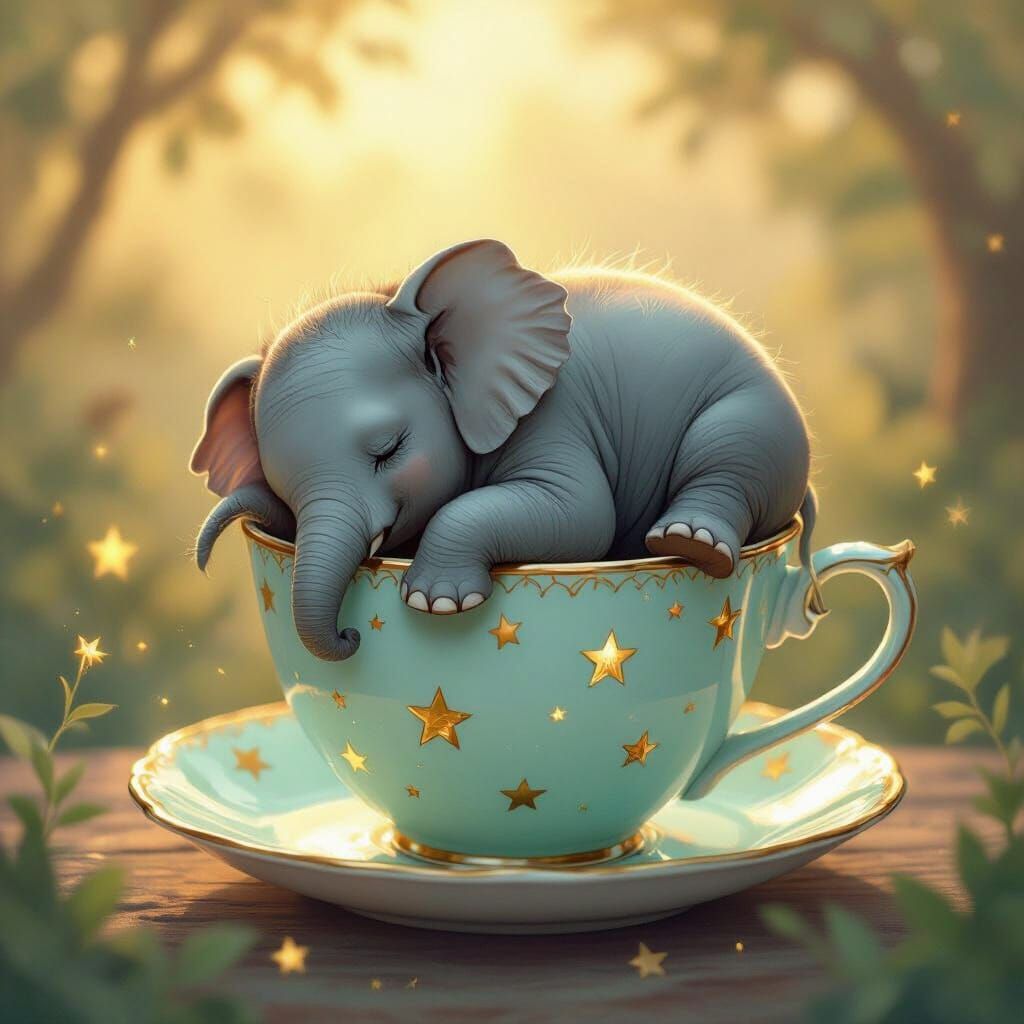 Sleeping Elephant in Star-Rimmed Teacup with Golden Light