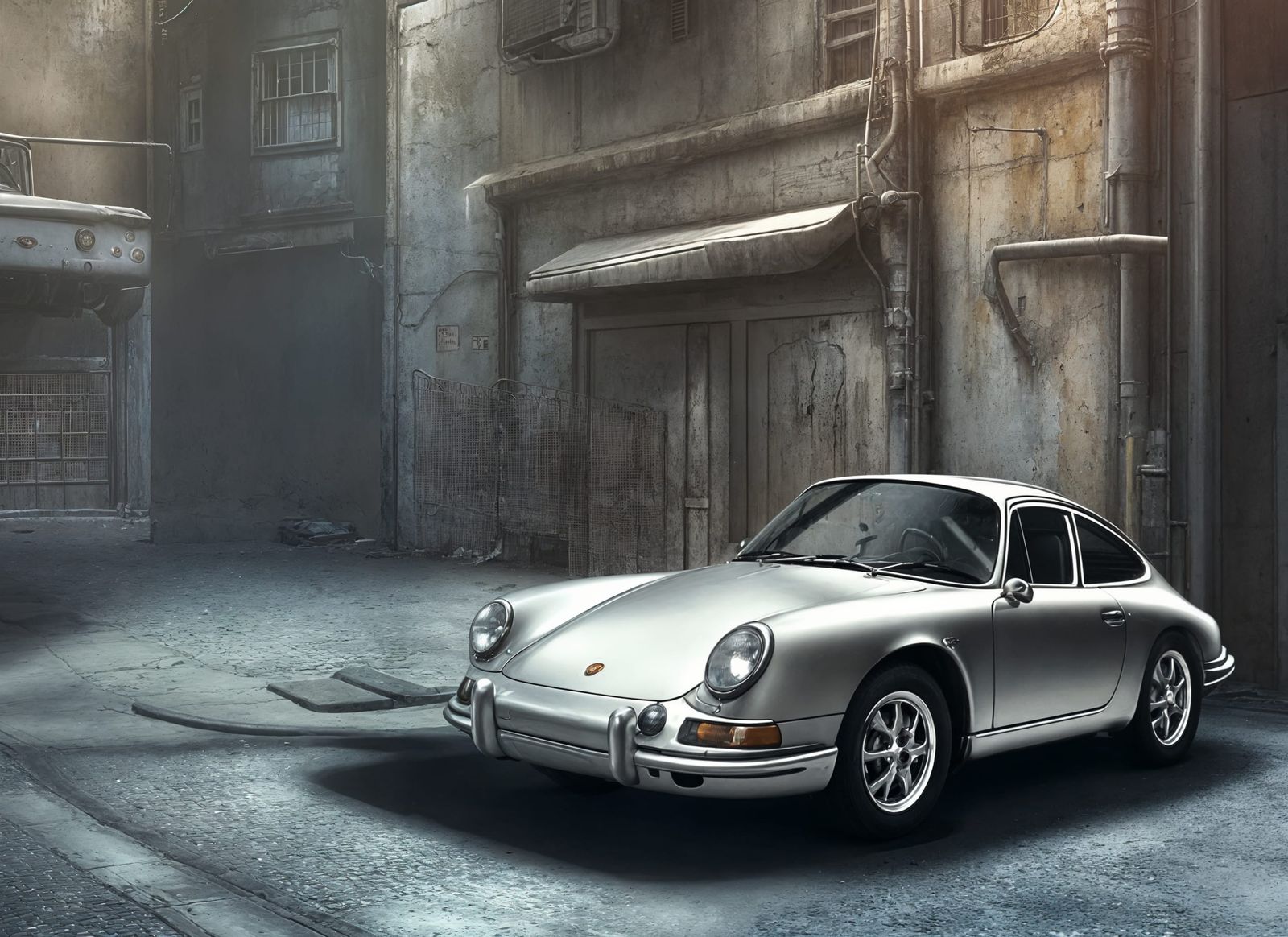 Porsche in Abandoned Alleyway: Ghibli Animation Style