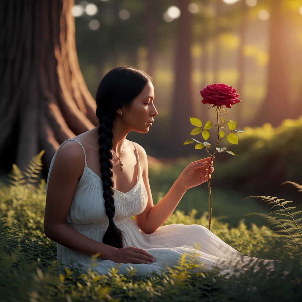 Native American Woman Gazes at Red Rose in Golden Light