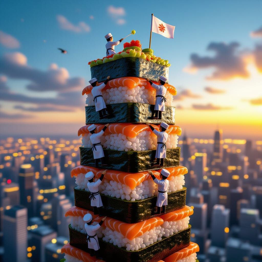 Sushi Chefs Climb Skyscraper in Golden Hour Light