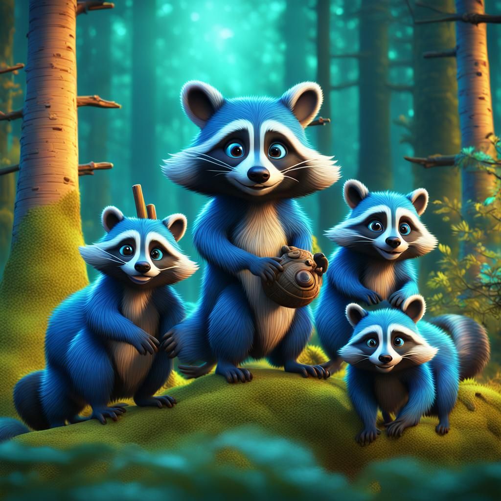 Magical Blue Raccoons in Forest: 3D Animated Art