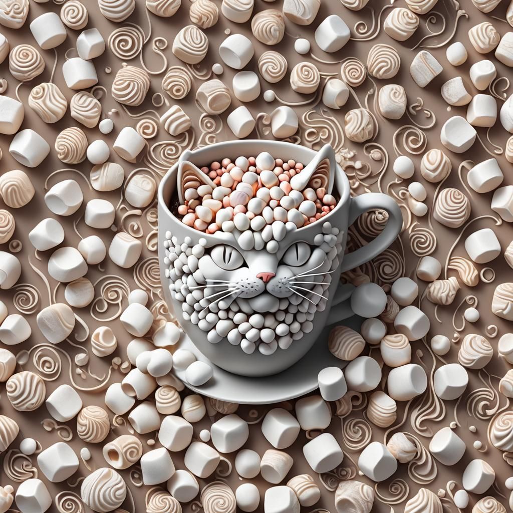 Marshmallow Cat in Hot Coco: Abstract Vector Art