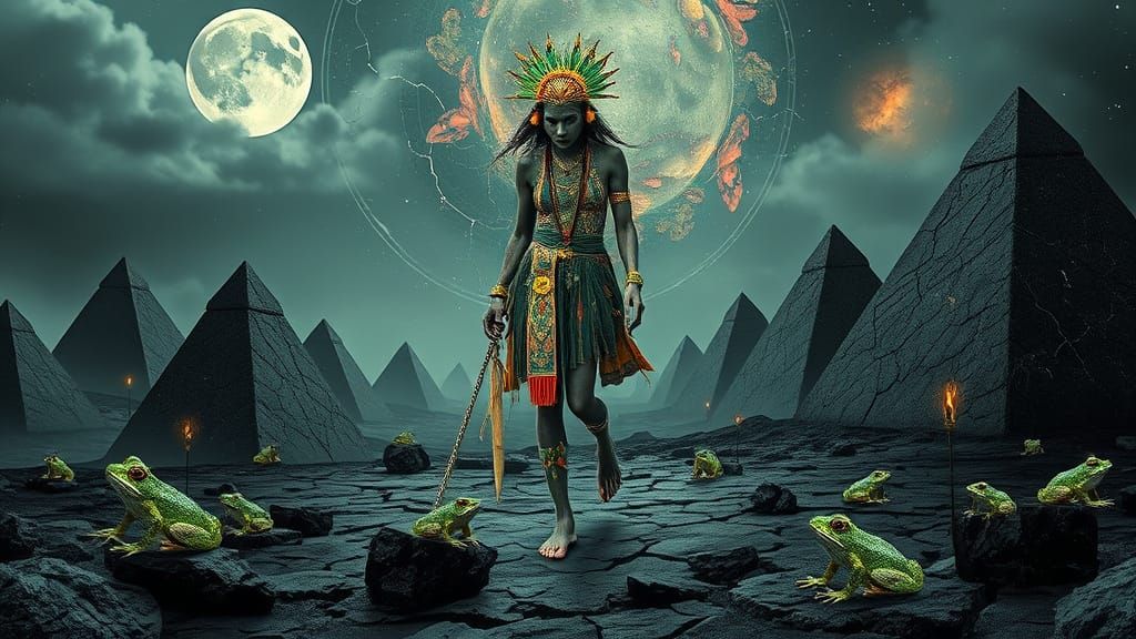 Mystical Woman Walks Amidst Surreal Collage Landscapes