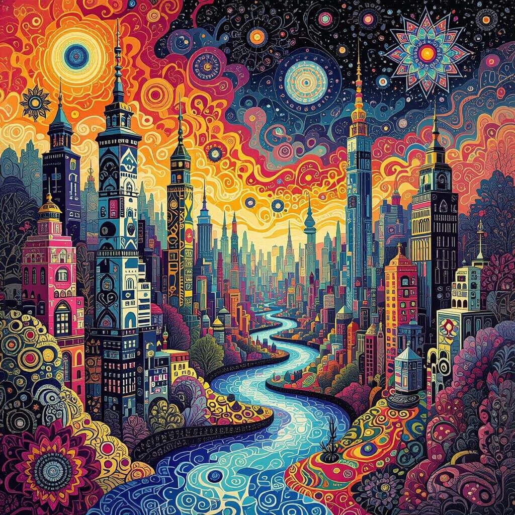 Surreal Zentangle Cityscape with Fractal Designs