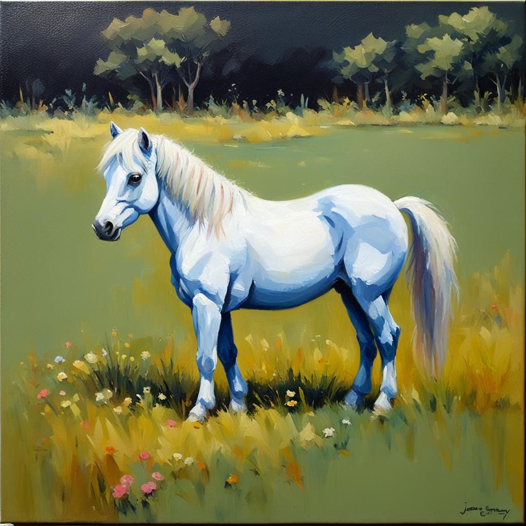 Adorable Pony in Grassy Field: Oil Painting