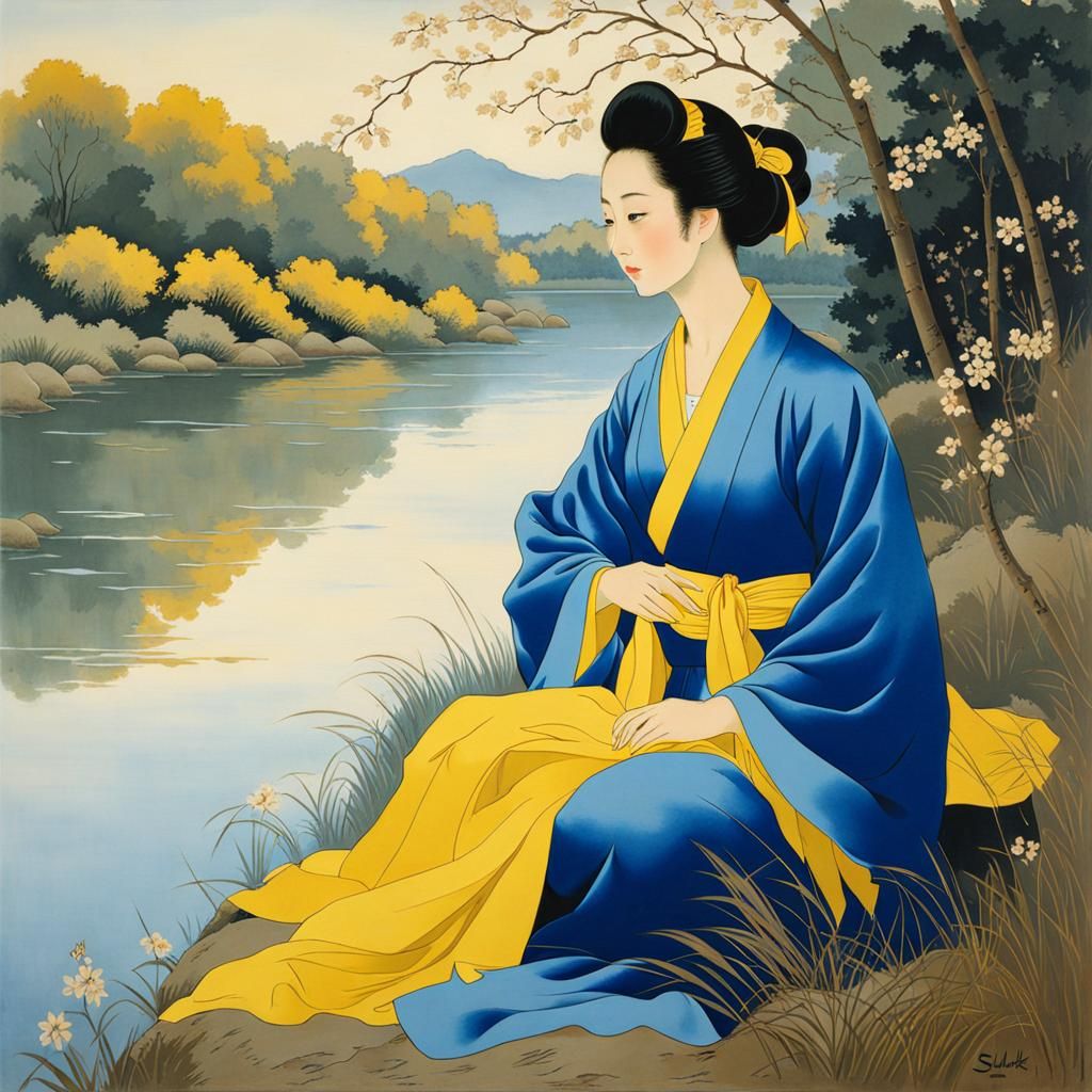 Young Woman at Riverbank in Silk Painting Style
