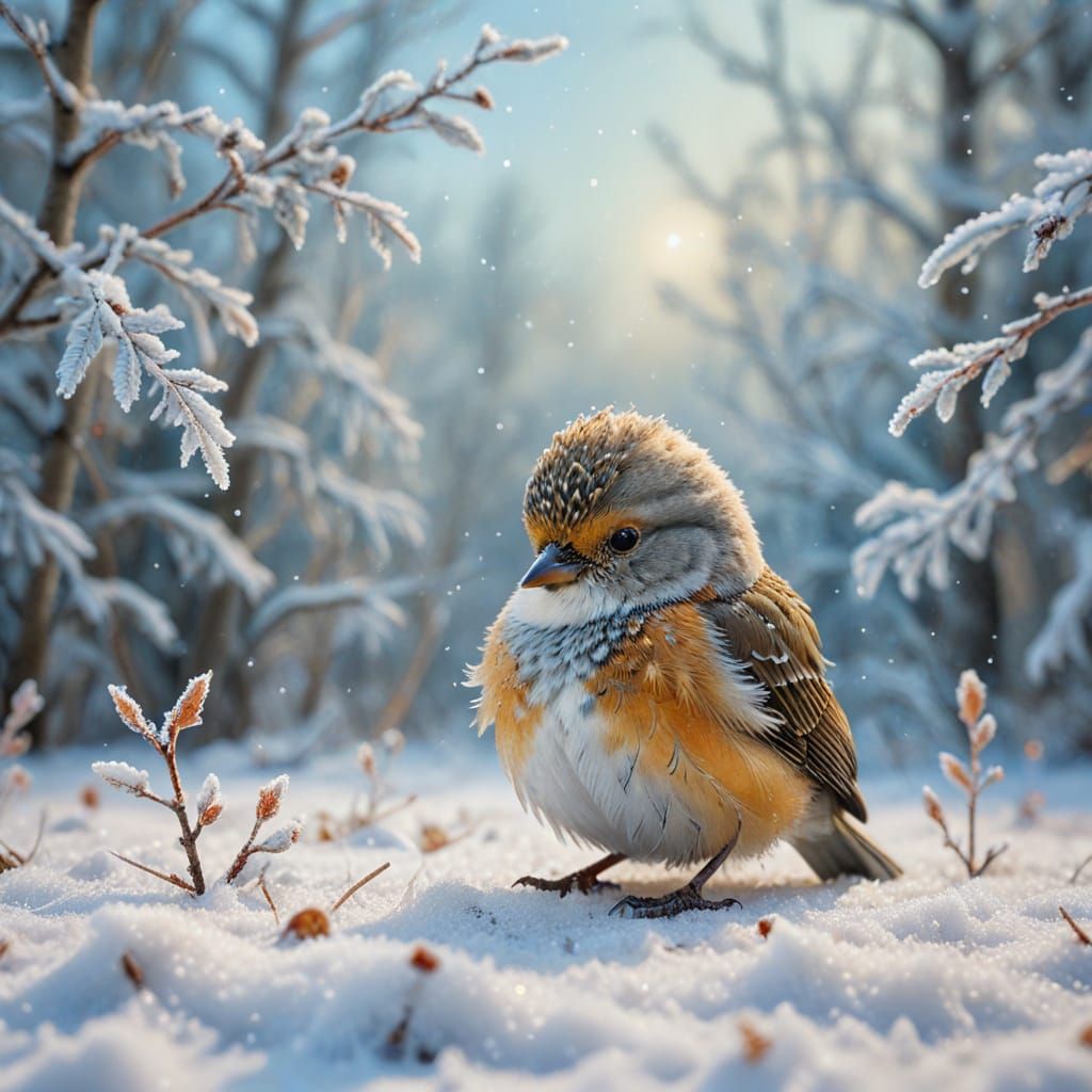 Baby Bird in Winter Wonderland: Oil Painting