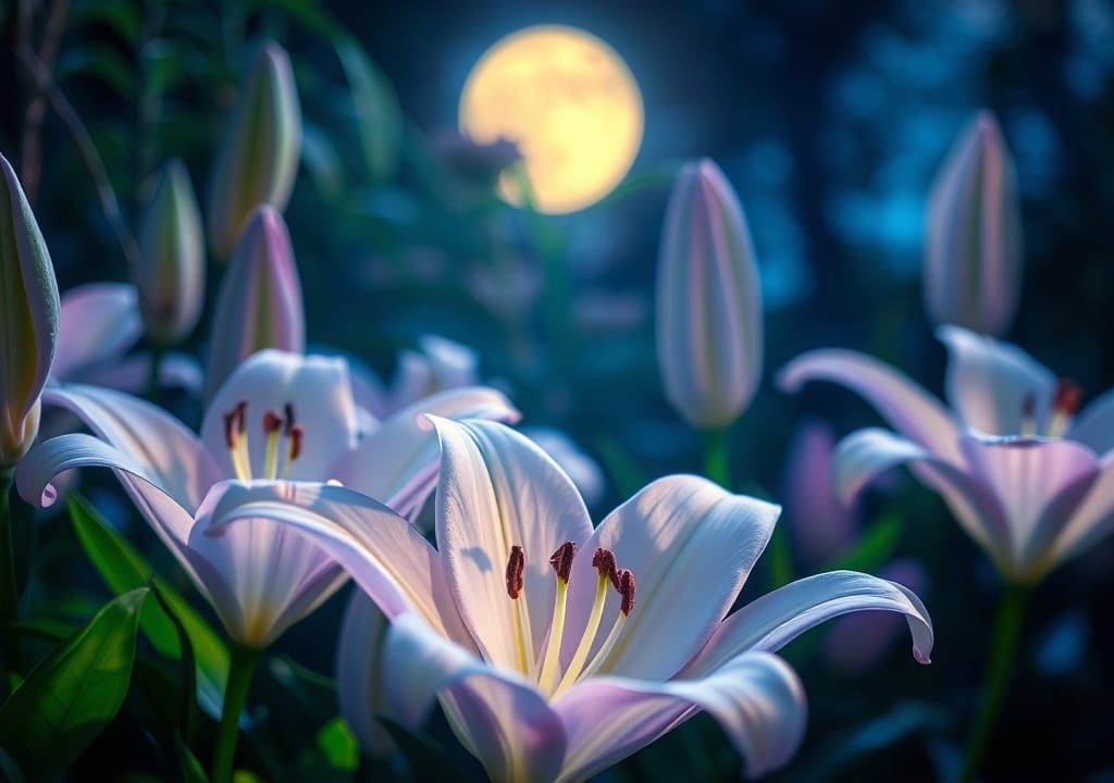 Lilies in Moonlight: An Impressionist Vaporwave Dreamscape