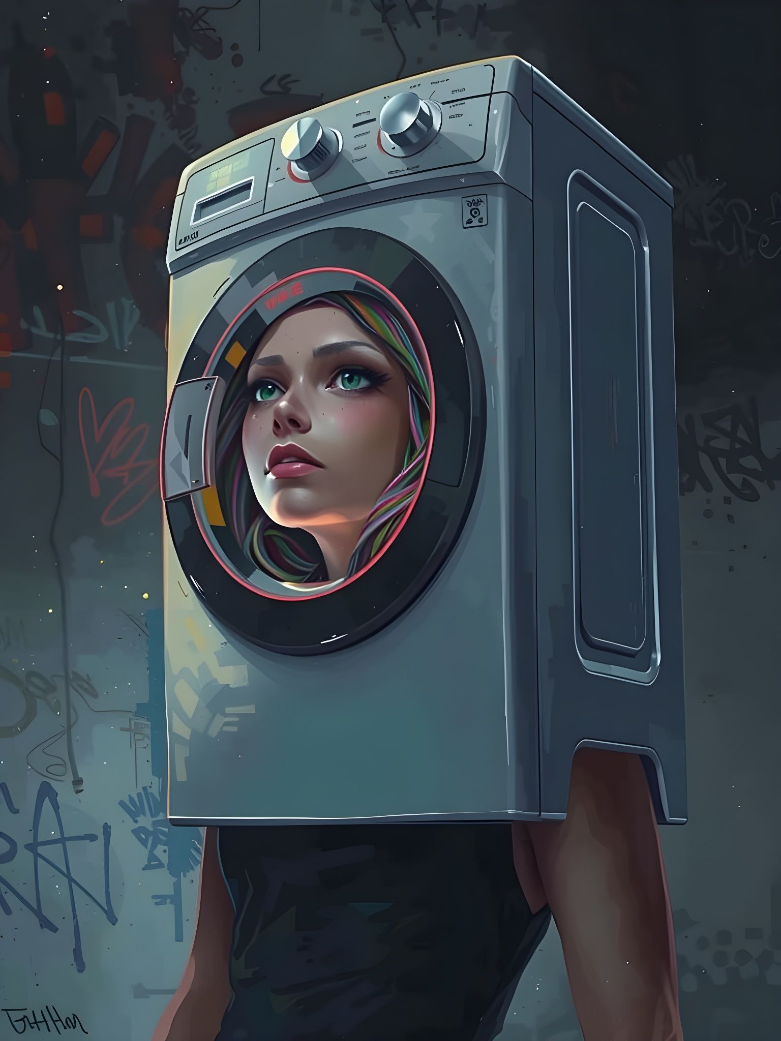Cyberpunk Portrait with Washing Machine Head in Hypnotic Dee...
