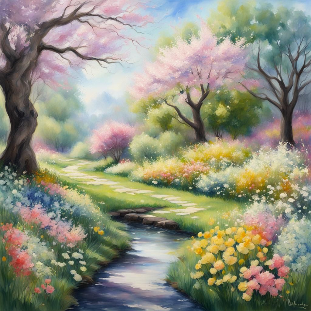 Springtime Impression: Hyperdetailed Oil and Watercolor