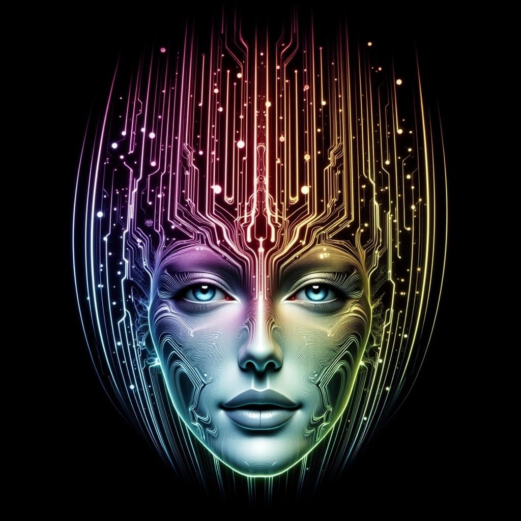 Photorealistic Woman's Face in Symmetrical Circuit Board Des...