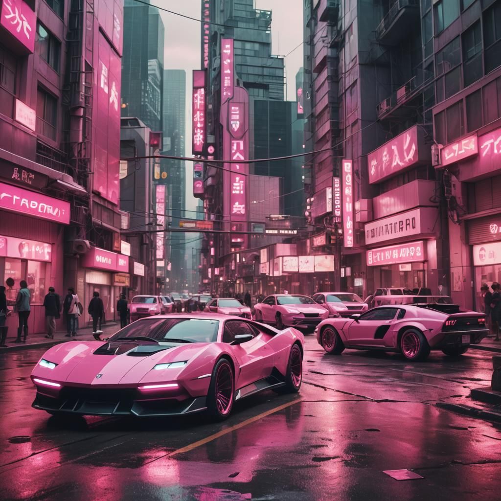 Futuristic Pink Concept Cars in a Cityscape