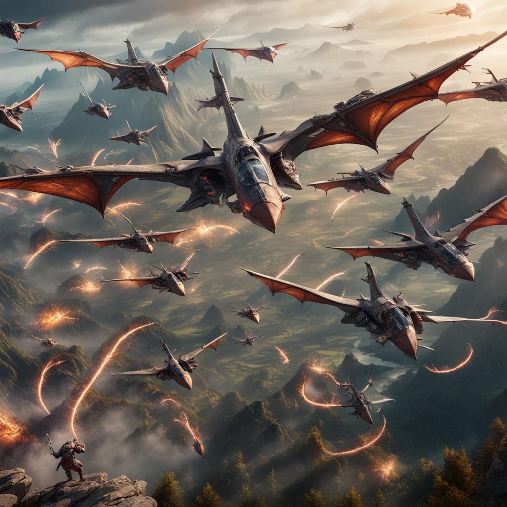 Epic Battle: Jets Versus Dragons in Matte Painting Style
