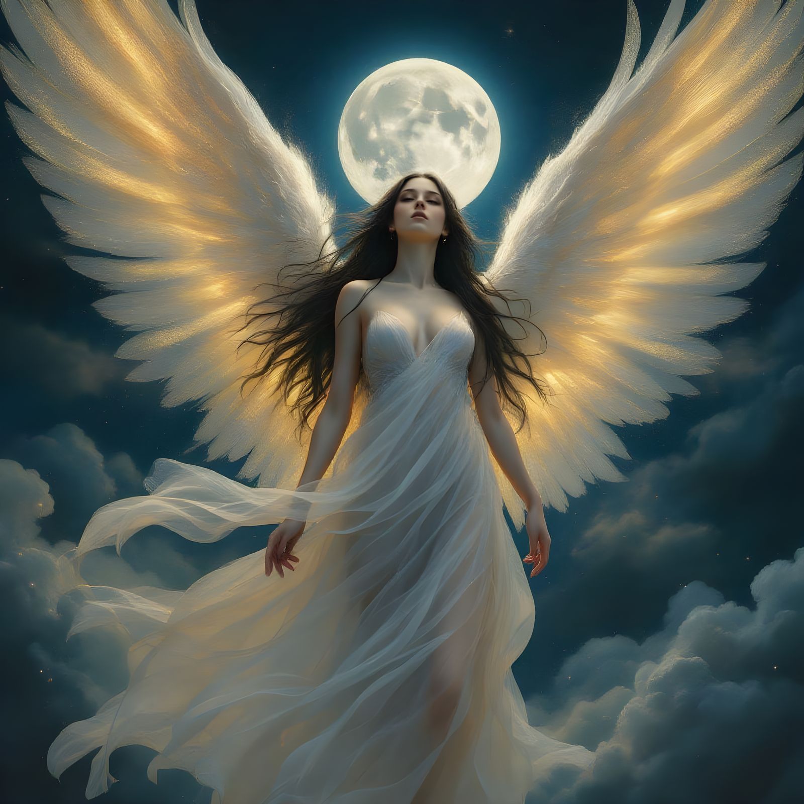 Serene Angelic Figure Radiant Under Moonlit Skies