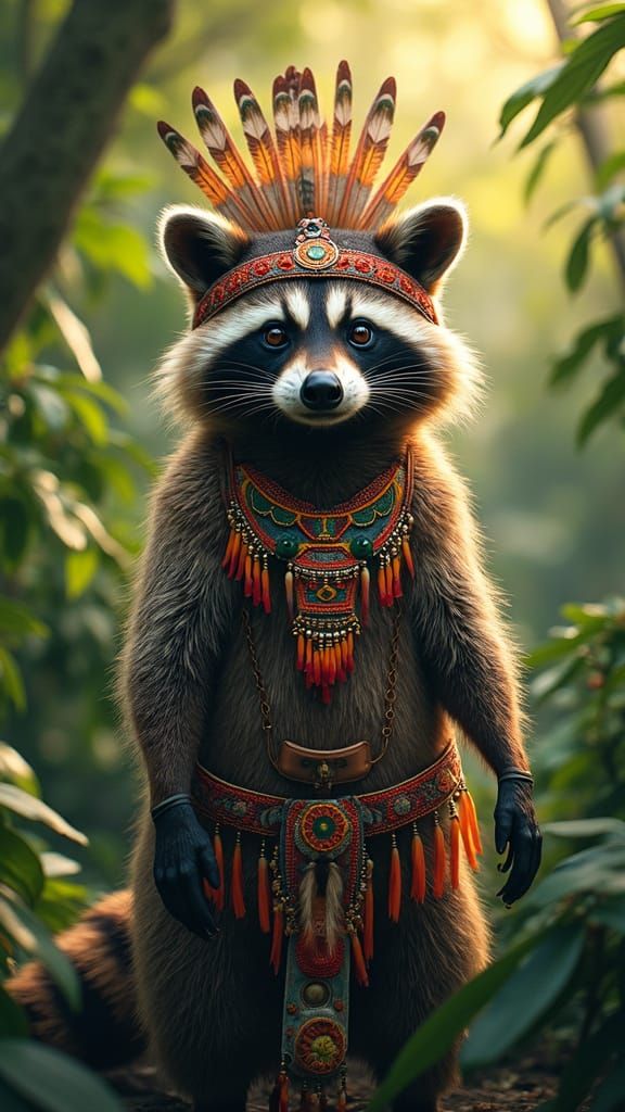 Majestic Raccoon in Indigenous Regalia