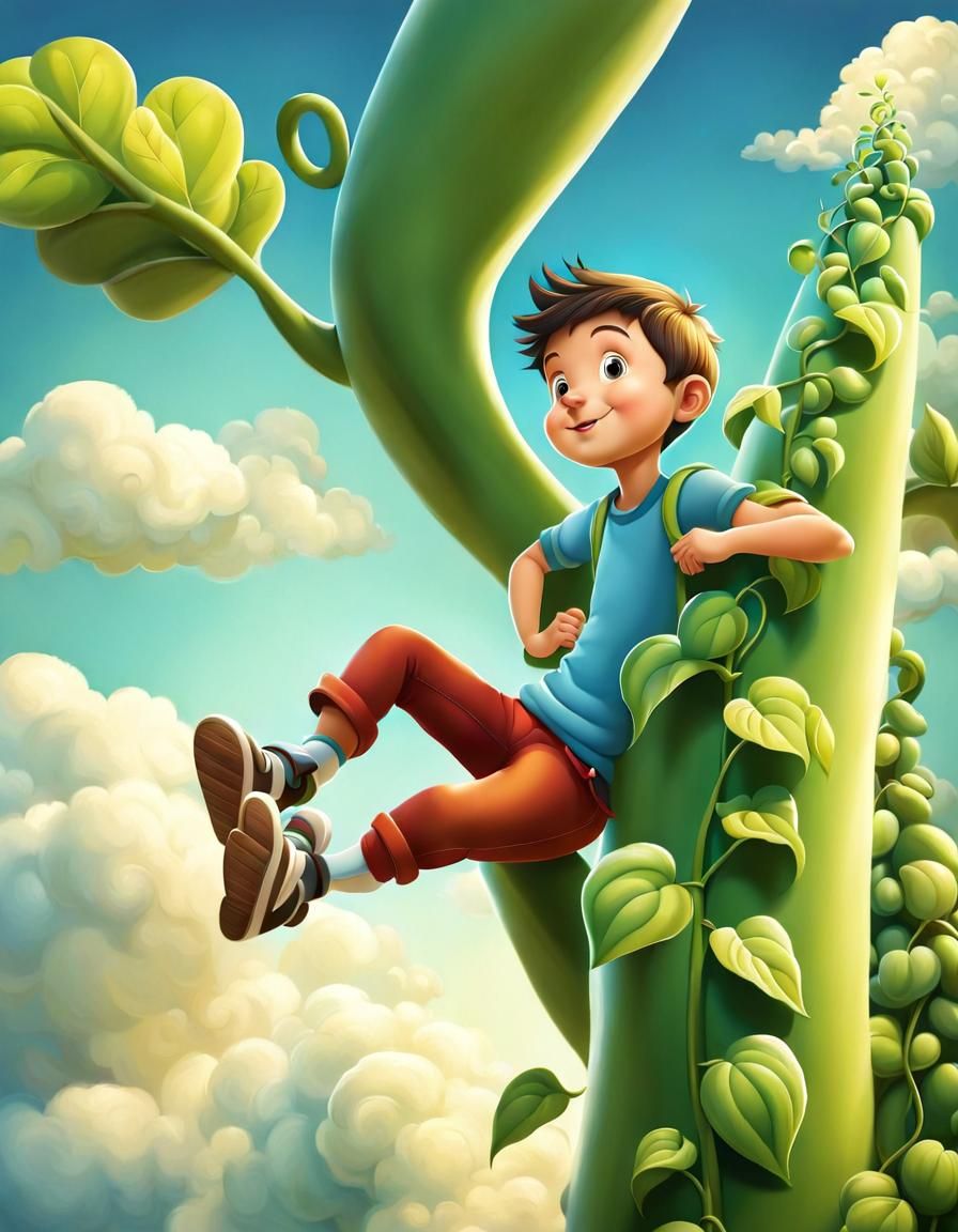 Boy Climbing Gigantic Beanstalk in Storybook Style