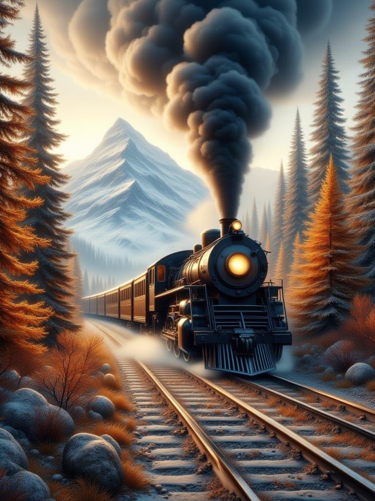 Steam Locomotive Emerges from Autumn Forest, Epic Mountain V...