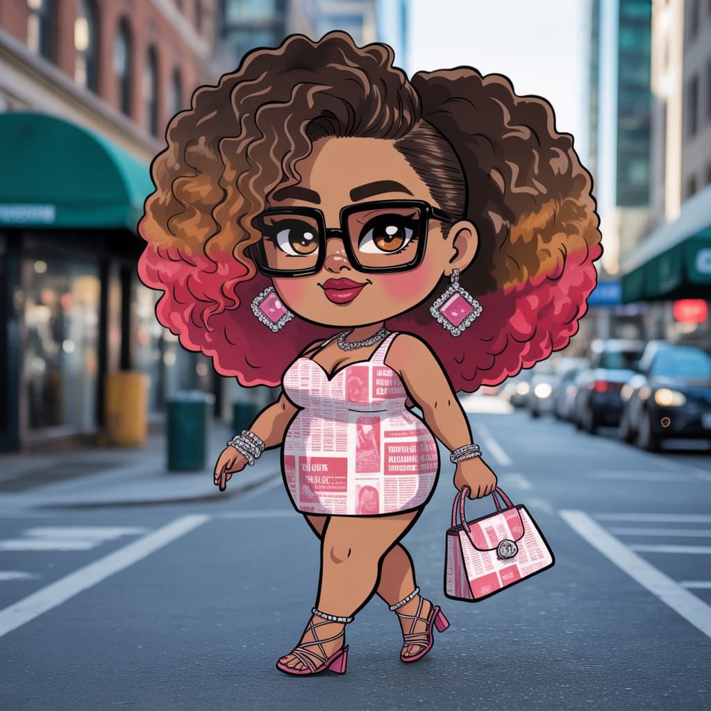 Plus-Size Woman in Newspaper Dress, Chibi Watercolor Style