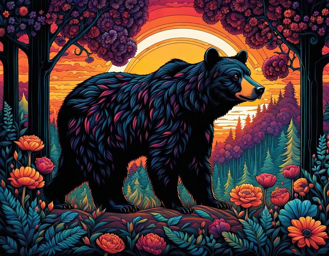 Gothic Comic Book Black Bear Portrait in Forest