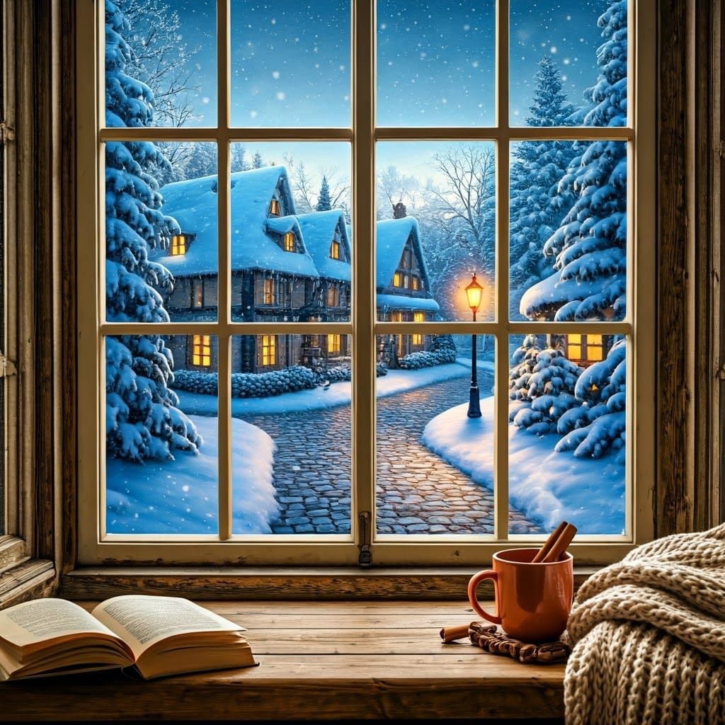 Vintage Window Reveals a Peaceful Snow-Village Scene in Warm...