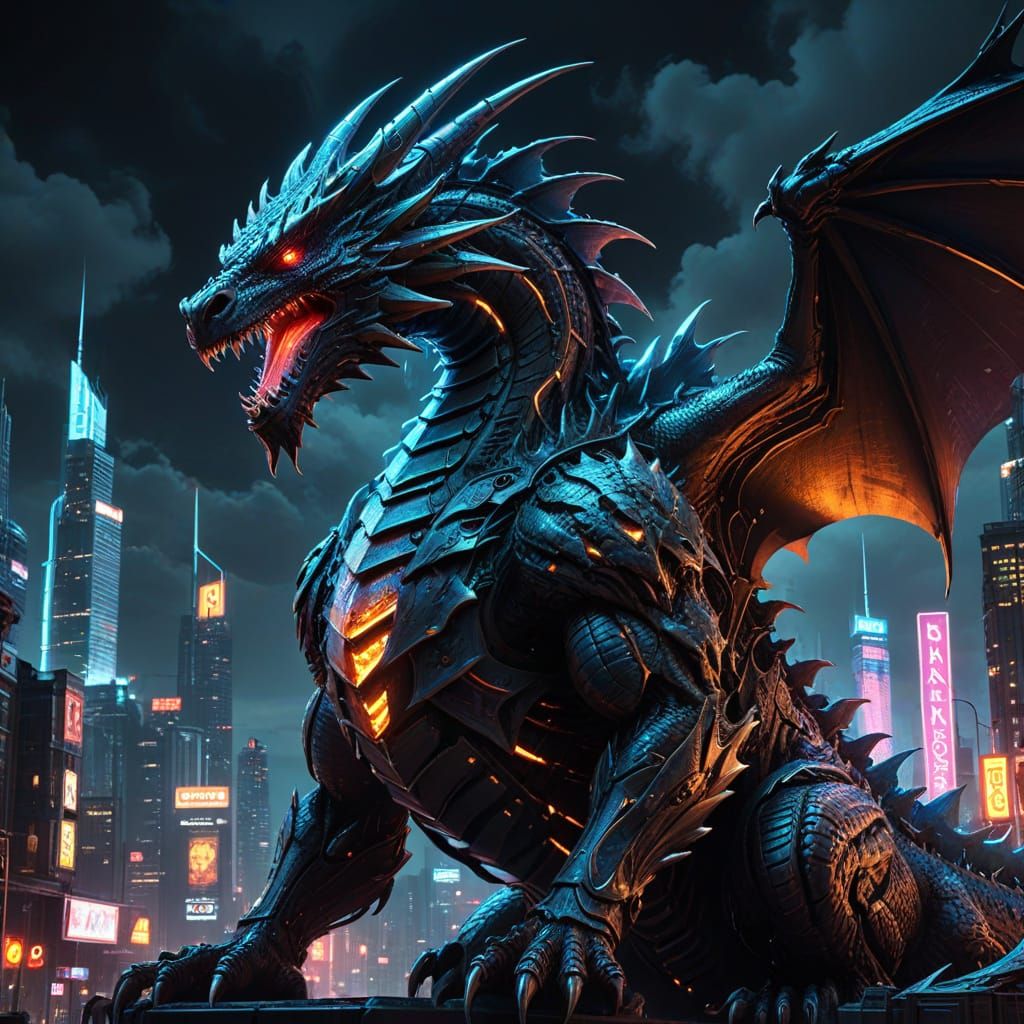 Biomechanical Dragon Coiling Around Futuristic City Spire