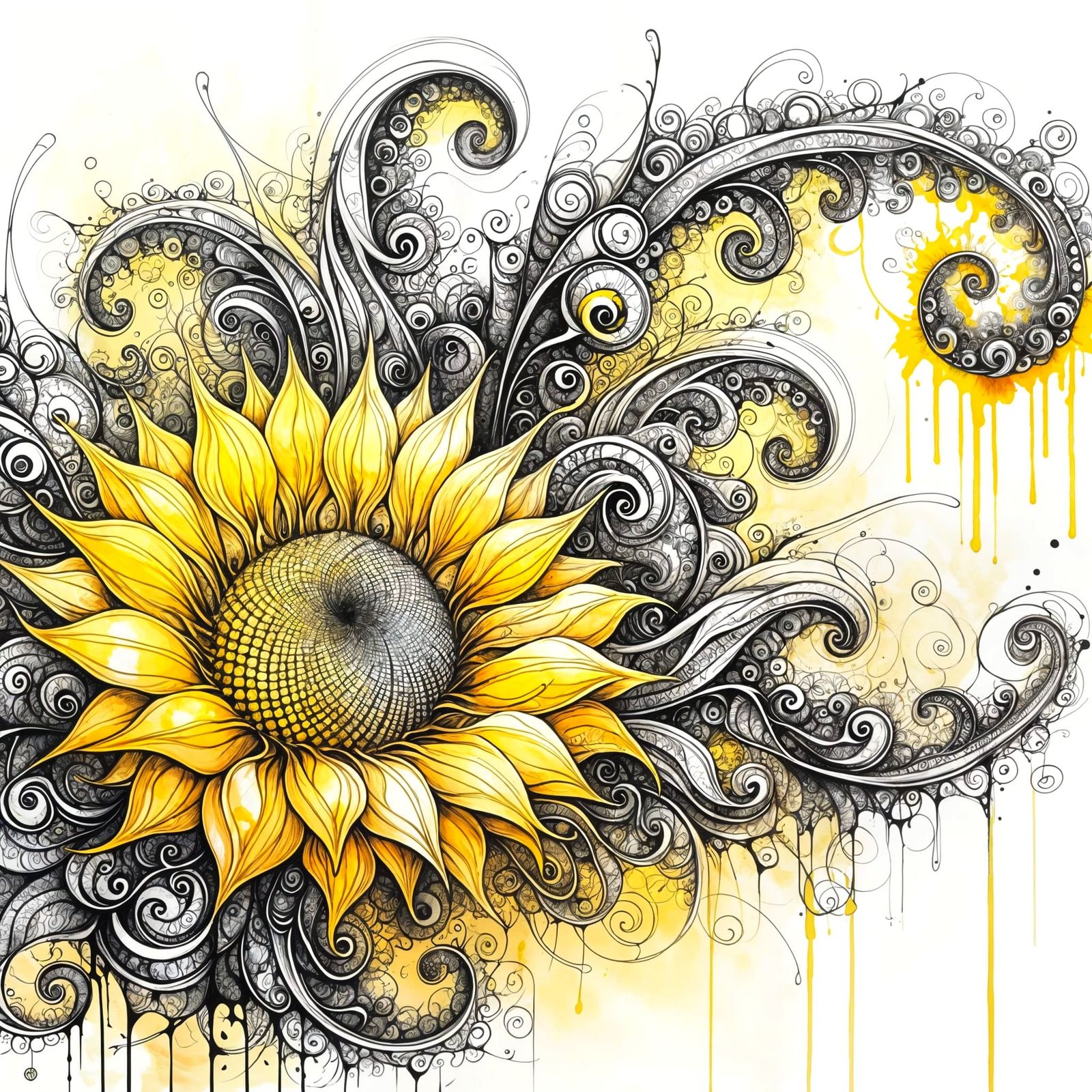 Intricate Filigree Fractal Ink Art Surrounds a Vibrant Yello...
