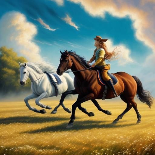 Seven Horses Running in Sky: Magical Realism Oil Painting