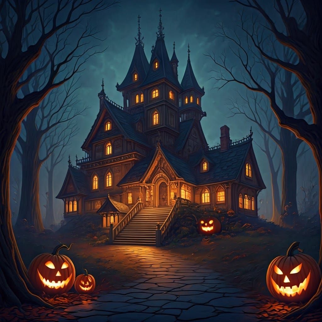 Jack-o'-Lantern Mansion in Autumnal Landscape