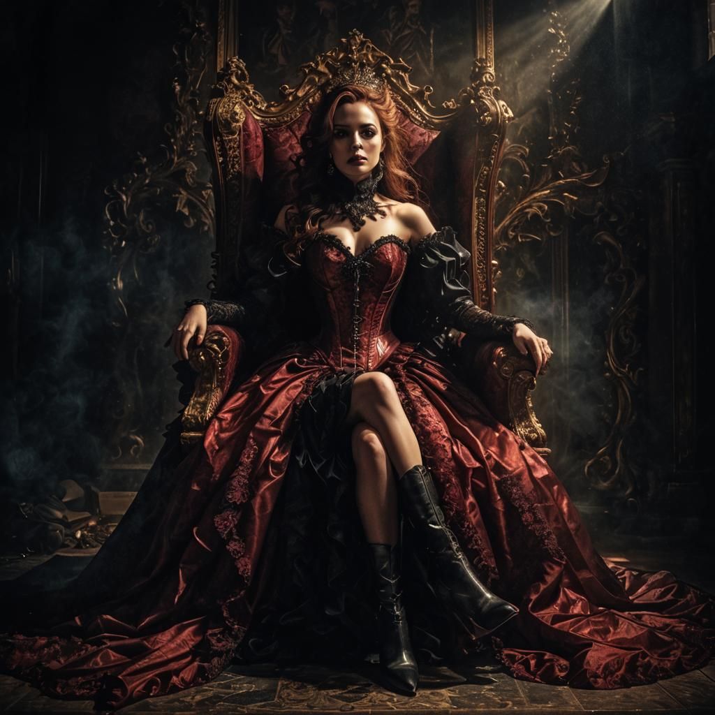 Gothic Woman on Throne in Corset and Latex Dress