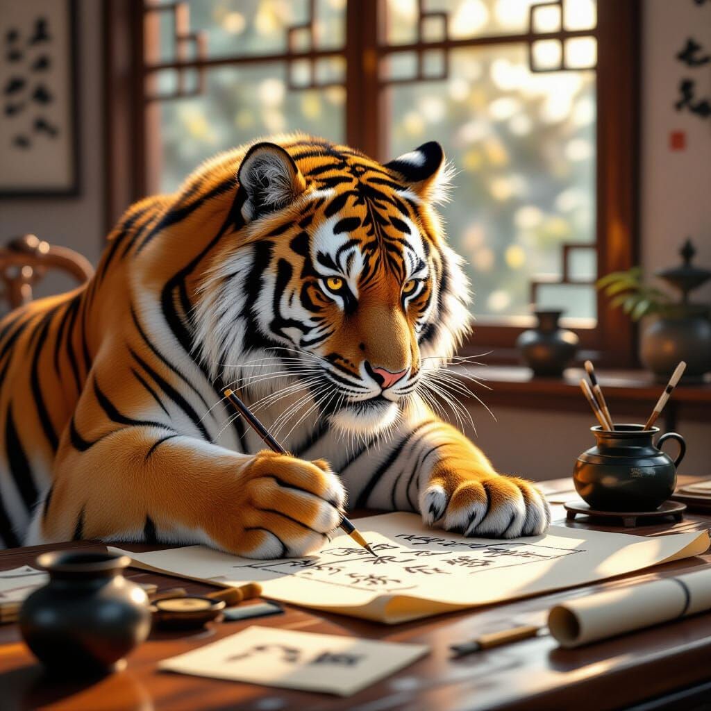 Tiger Masterfully Practices Calligraphy in Art Studio