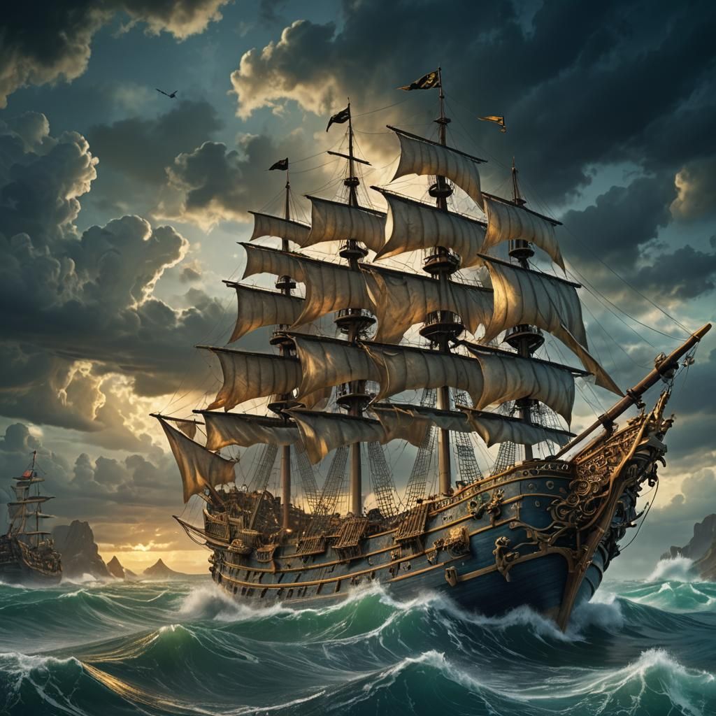 Pirate Ship on Stormy Sea: Fantasy Concept Art