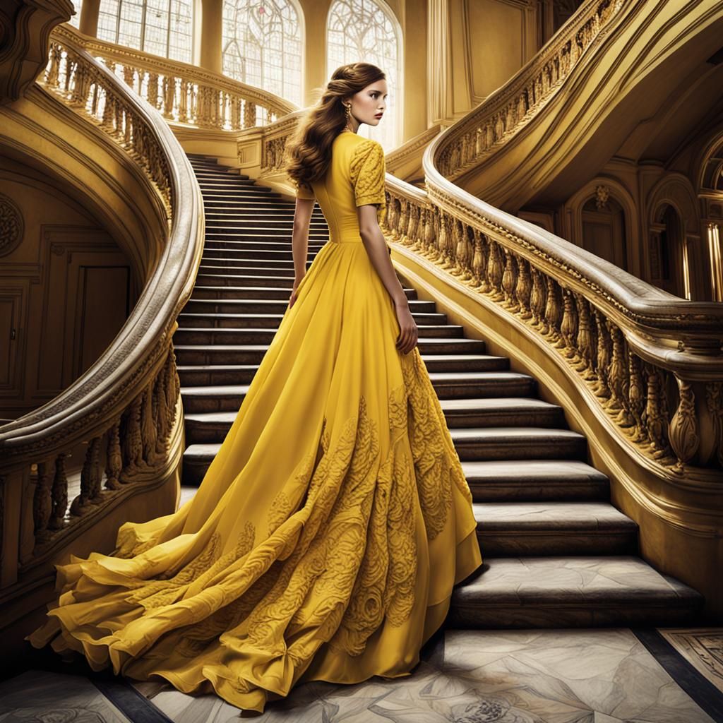 Fashion photograph of a brown haired princess in a yellow gown with a full skirt, walking down a grand staircase. Orley ...