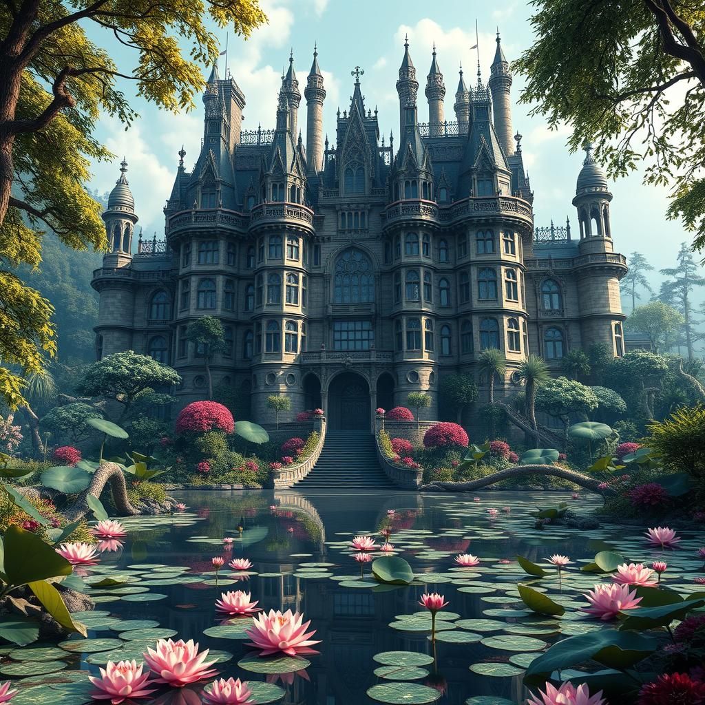 Victorian Castle with Botanical Garden Maze, Digital Art