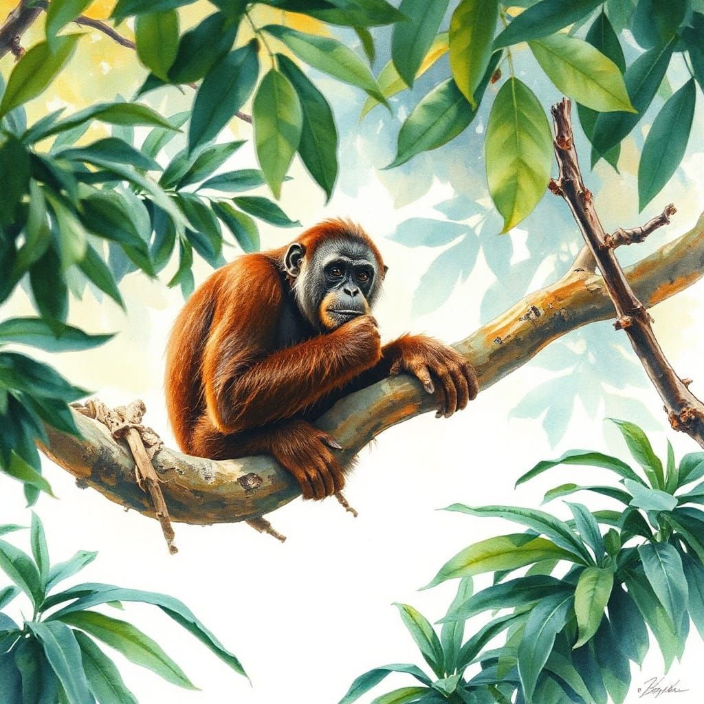 Orangutan on Branch in Lush Jungle Watercolor