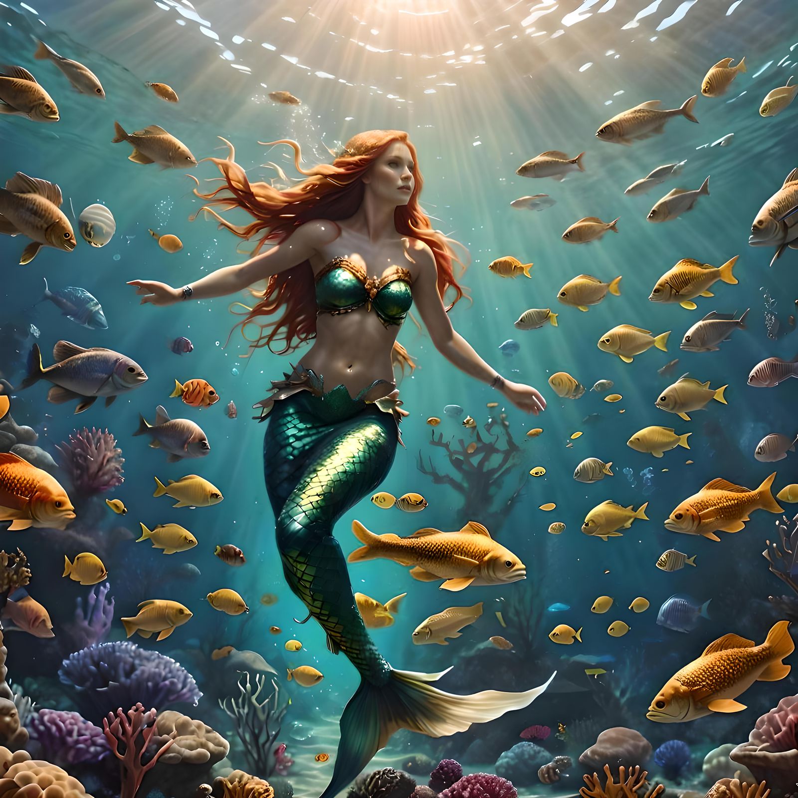 Realistic Mermaid Swimming in a Vibrant Sea