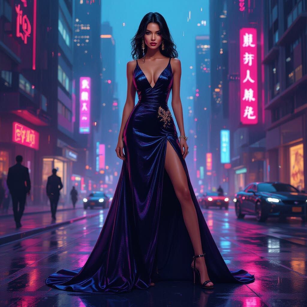 Elegant Woman in Neon Cityscape with Mafia Elements
